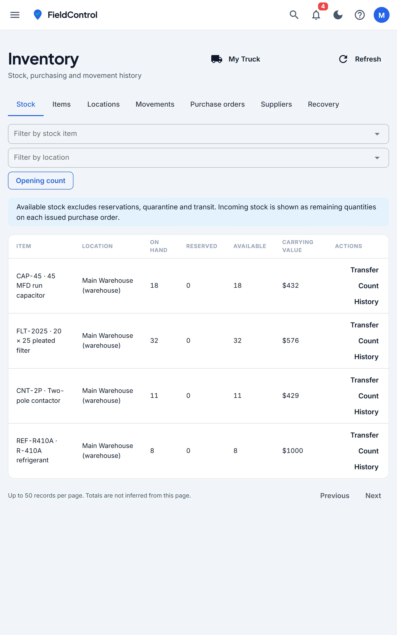 ServiceRunner FSM inventory screen showing parts and stock