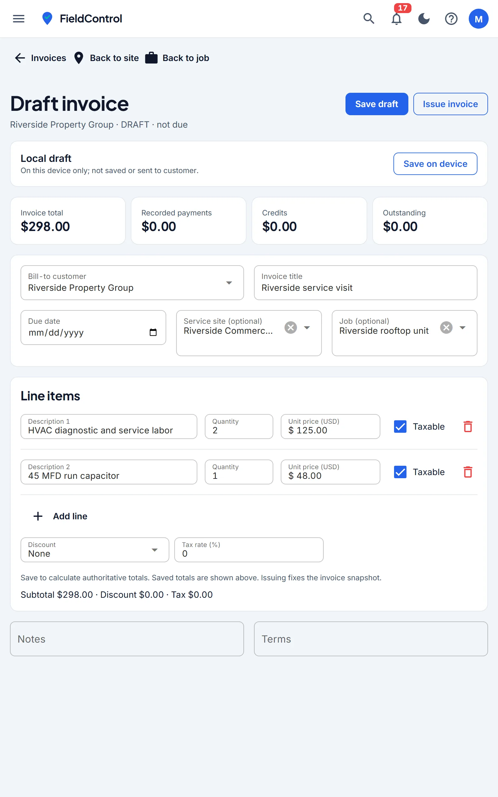 ServiceRunner FSM invoice screen showing customer and job details